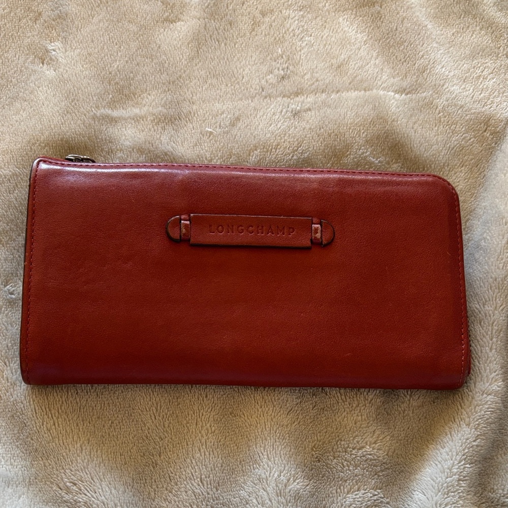 Longchamp Brick Red Leather Clutch